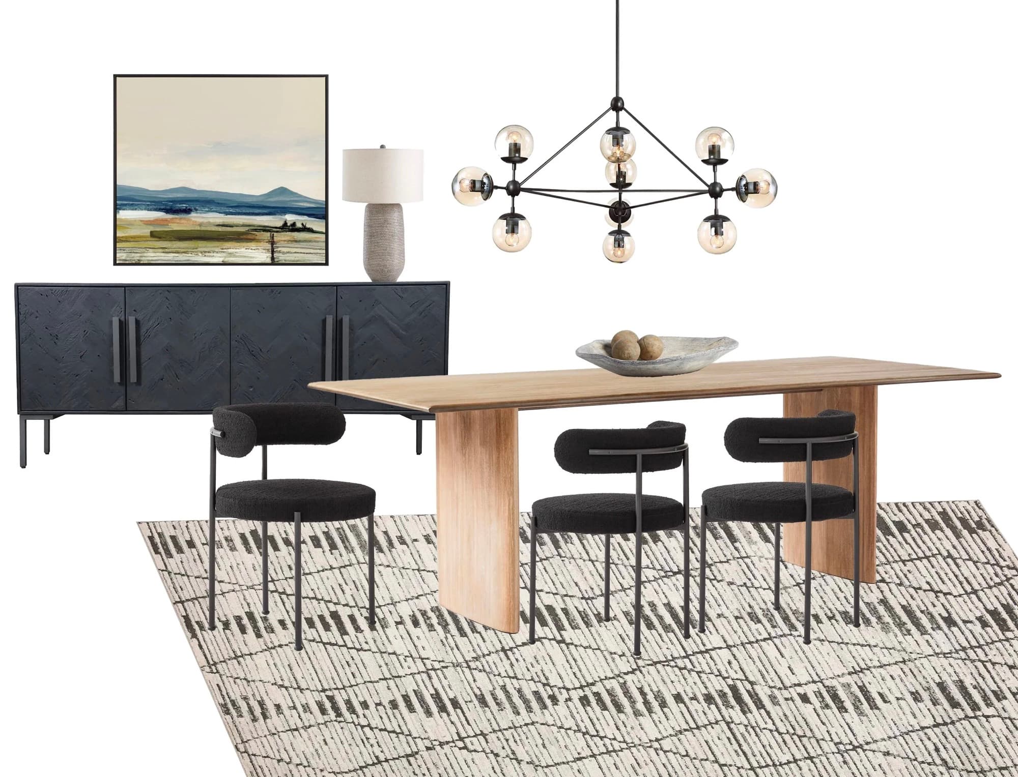 Dining room design board pairing a black sideboard, landscape art, an orb chandelier, and boucle chairs over a patterned rug.