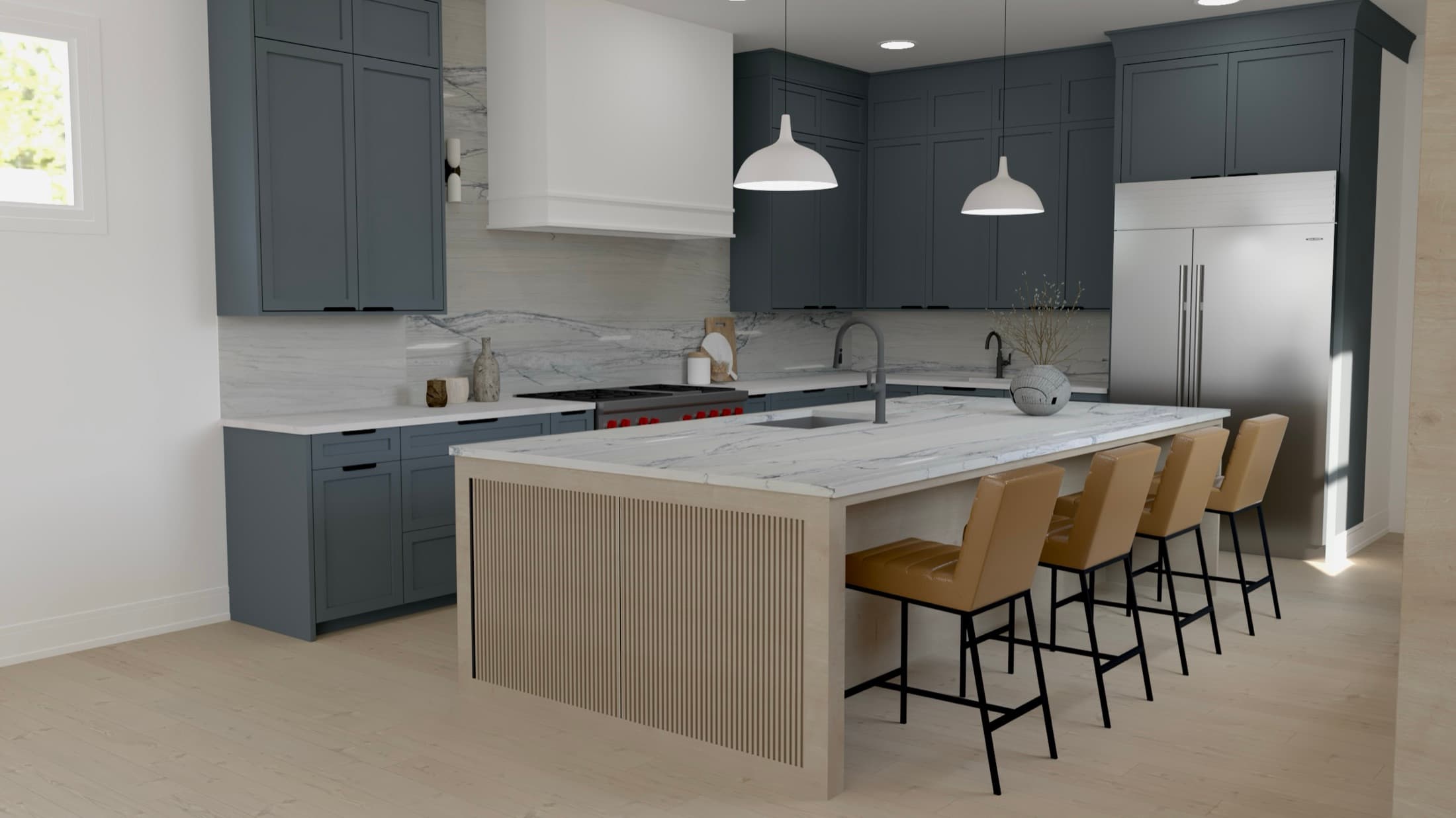 Early design rendering of the Superior Living kitchen: slate-blue cabinetry, marble backsplash and waterfall island, white-oak fluted island base, and tan leather counter stools.