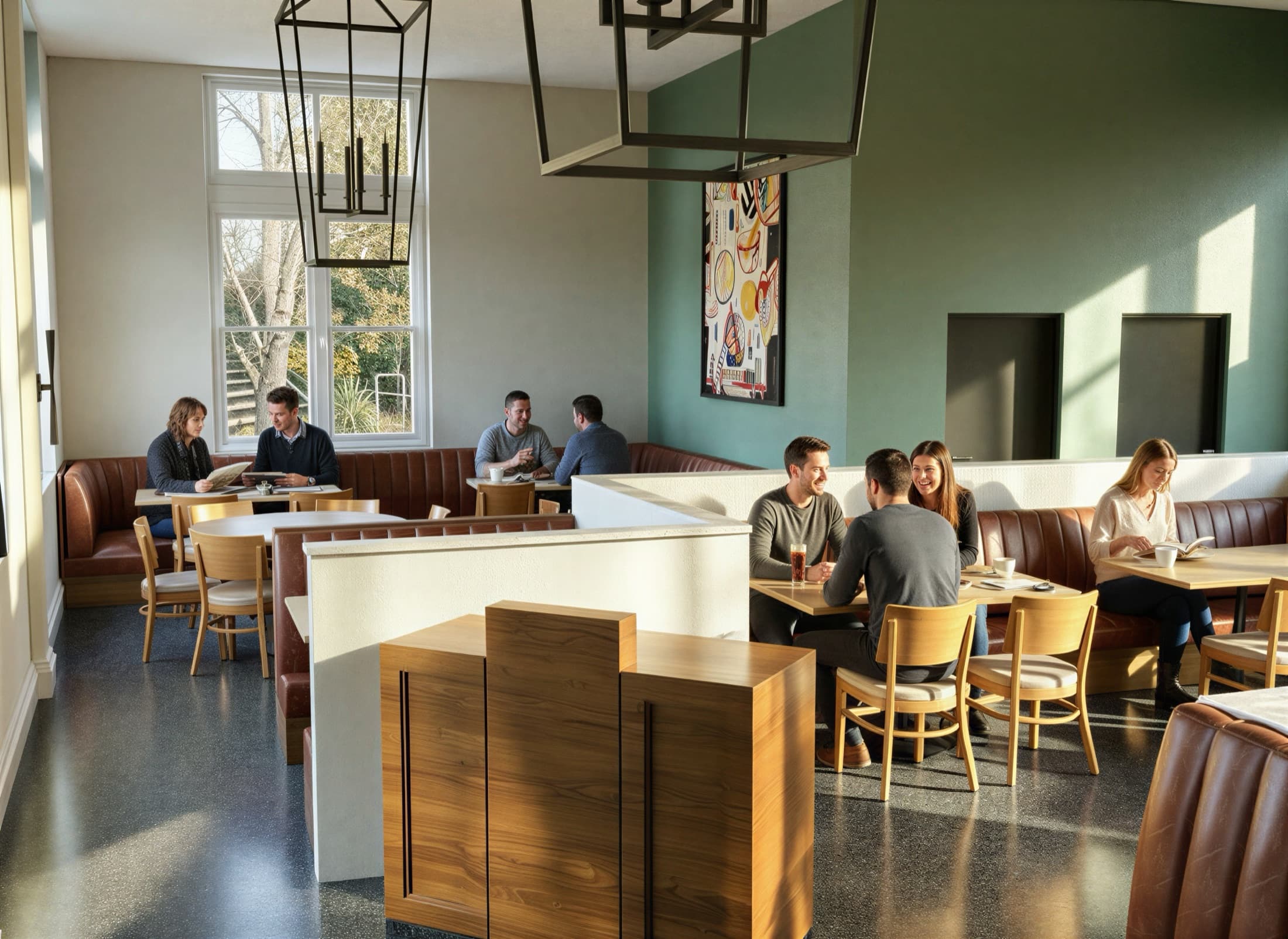 3D rendering of a warm modern dining space.