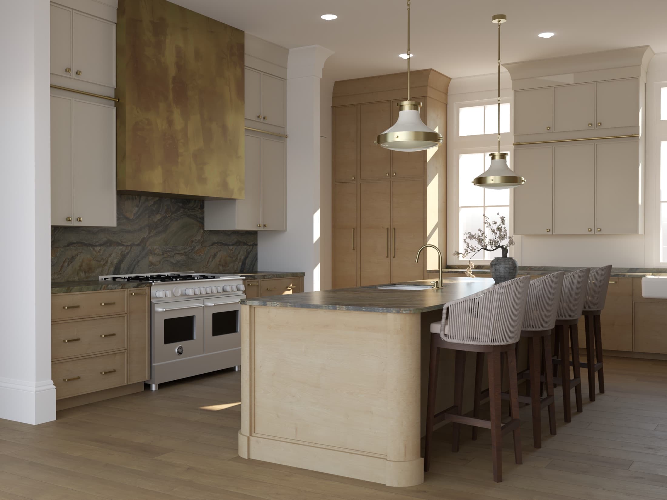 Photoreal 3D rendering of a warm modern kitchen with a brass hood.